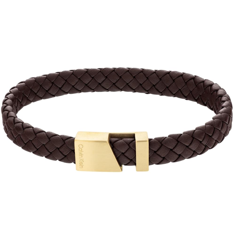 CALVIN KLEIN Industrial Hardware Men's BRACELET Gold Plated Stainless Steel with Brown Leather 35000501