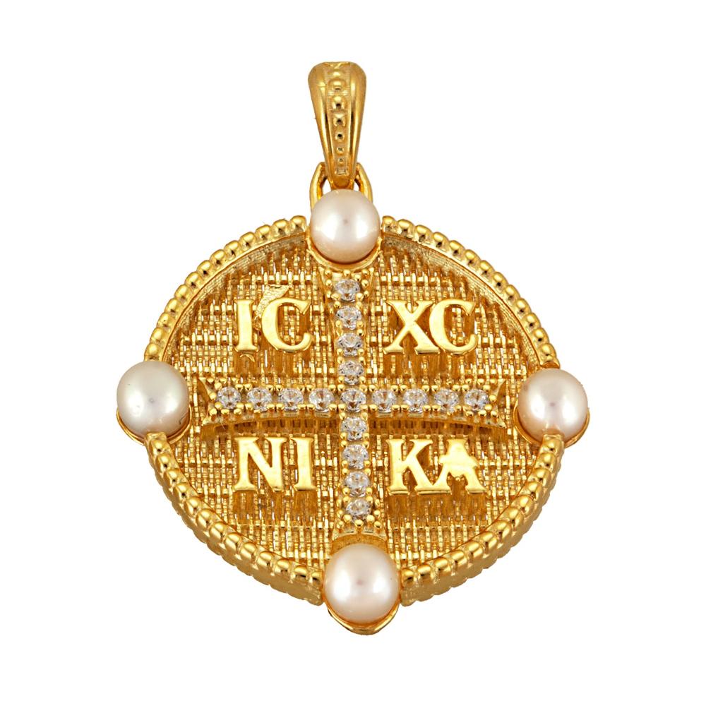 CHRISTIAN CHARMS Byzantine Double Sided SENZIO Collection from K9 Yellow Gold with Pearls and Zircon 364Y.K9