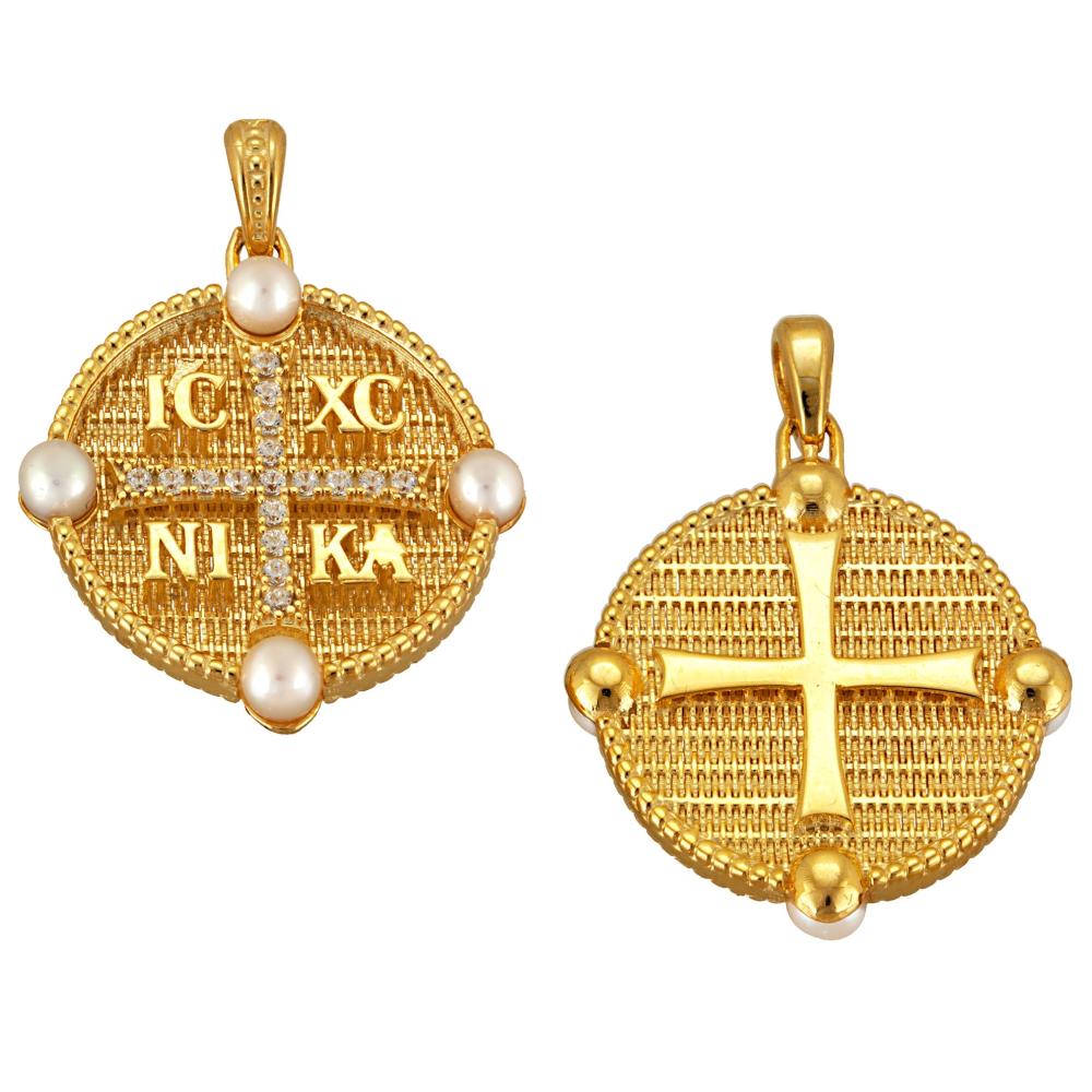 CHRISTIAN CHARMS Byzantine Double Sided SENZIO Collection from K9 Yellow Gold with Pearls and Zircon 364Y.K9