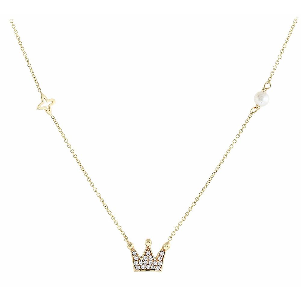 NECKLACE Crown in Yellow Gold with Chain K9 Zircon and Pearls 3AB.386C