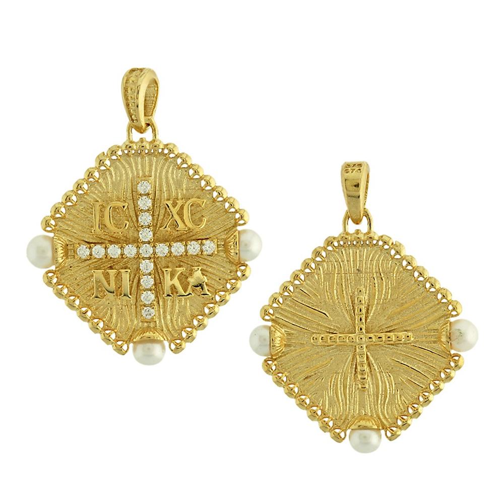 CHRISTIAN CHARMS Amulet Double Sided from K9 Yellow Gold with Zircon and Pearls 3KR.D370P