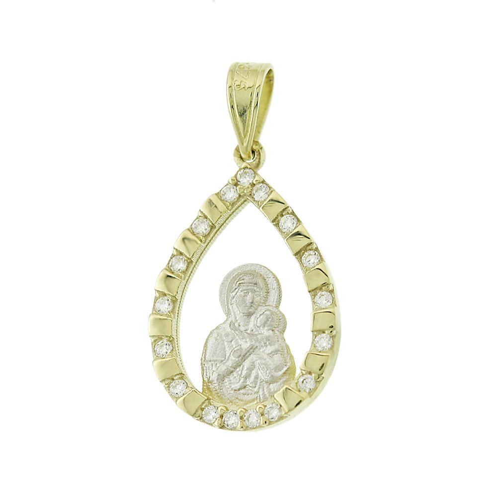 VIRGIN MARY Amulet SENZIO Collection K9 Yellow & White Gold with Zircon Stones 3VAR.P012P