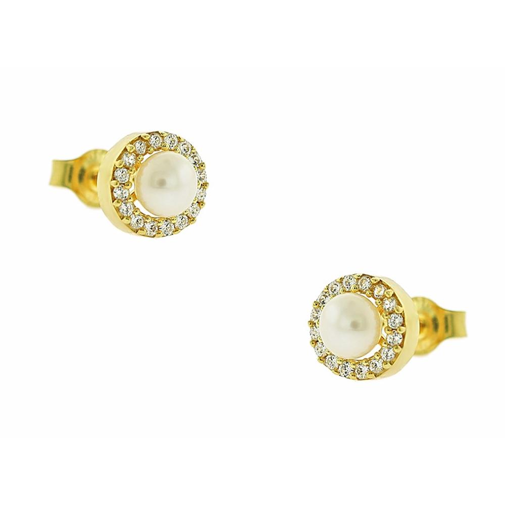 EARRING Rosette with Zircon and Pearl 9K Yellow Gold 3SOU.1353SK