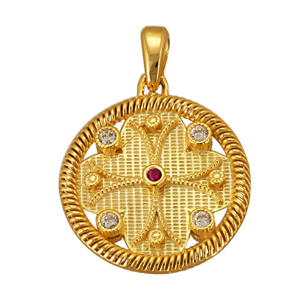 ΚΩΝΣΤΑΝΤΙΝΑΤΟ Βυζαντινό Διπλής Όψης SENZIO Collection από Κ9 Κίτρινο Χρυσό με Ζιργκόν 418Y.K9