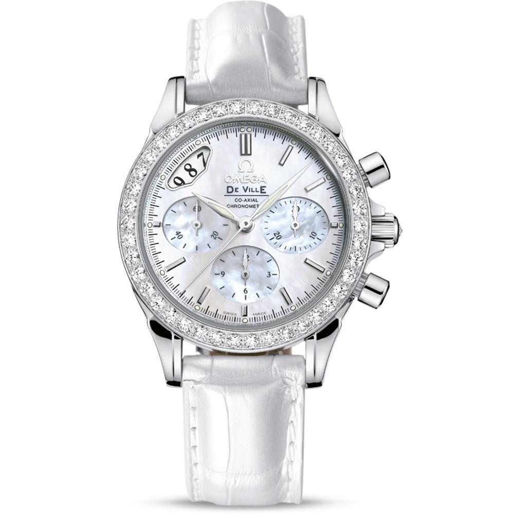 OMEGA De Ville Jewellery Co-Axial Chronograph 35mm Silver Stainless Steel White Leather Strap 48777036
