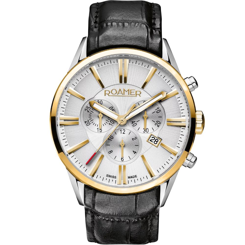 ROAMER Superior Chrono 44mm Gold & Silver Stainless Steel Black Leather Strap 508837-47-15-05 - 1