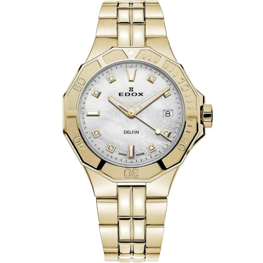 EDOX Delfin The Original Diver Lady White Pearl Dial with Diamonds 38mm Gold Stainless Steel Bracelet 53020-37JM-NADD