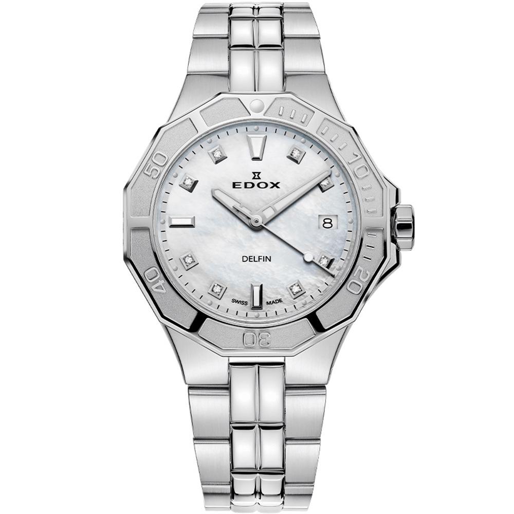 EDOX Delfin The Original Diver Lady White Pearl Dial with Diamonds 38mm Silver Stainless Steel Bracelet 53020-3M-NADN