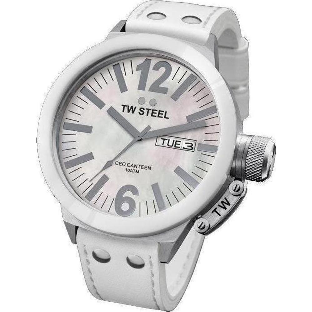 TW STEEL Three Hands 50mm White Stainless Steel White Leather Strap CE1038