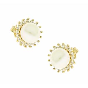 EARRINGS Rosette SENZIO Collection Yellow Gold K14 with Pearls and Zircon Stones 5BL.09034OR - 48527