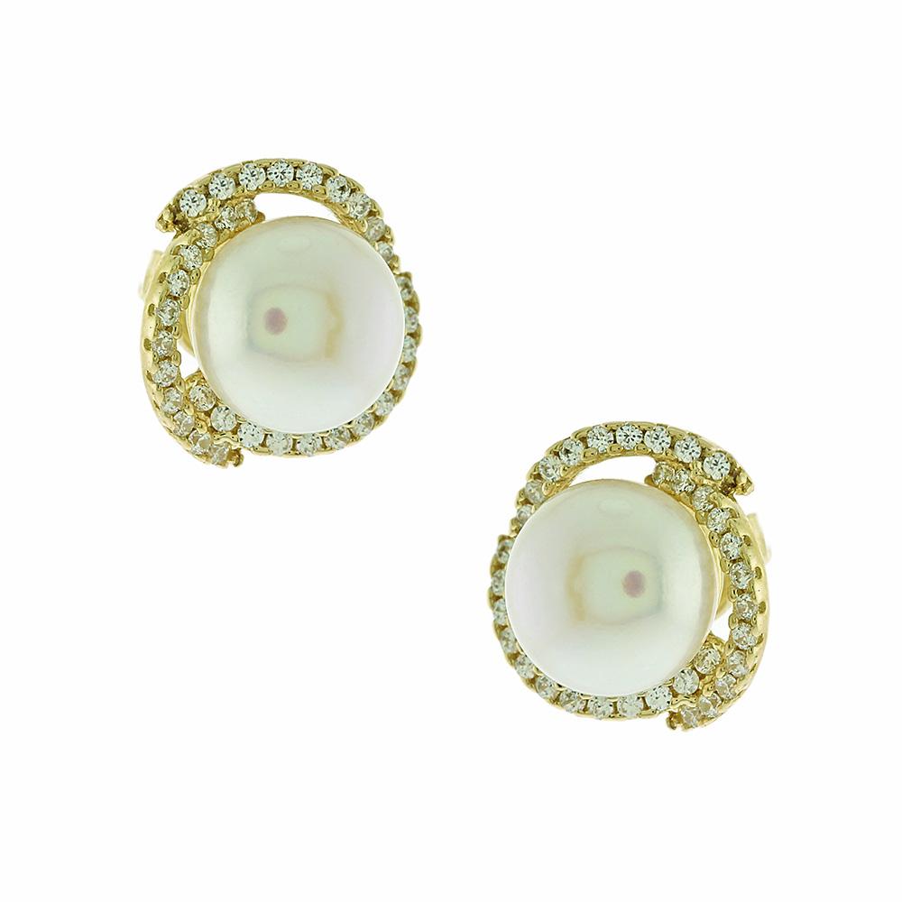 EARRINGS with Pearls SENZIO Collection Yellow Gold K14 and Zircon Stones 5FM.2015OR