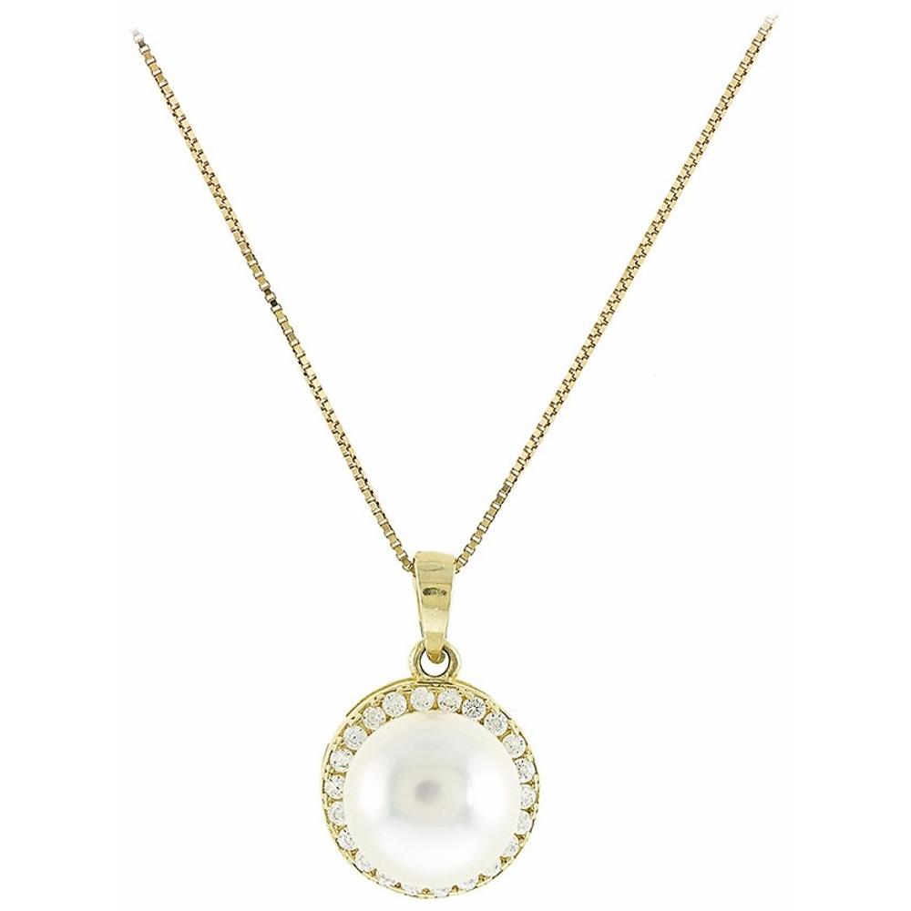 NECKLACE Rosette with Zircon and Pearl 14K Yellow Gold 5FM.2388C