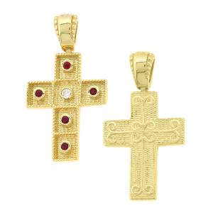 ΣΤΑΥΡΟΣ Χειροποίητος Βυζαντινός Διπλής Όψης SENZIO Collection από Κ14 Κίτρινο Χρυσό με Ζιργκόν 5KR.D1065CR - 43045