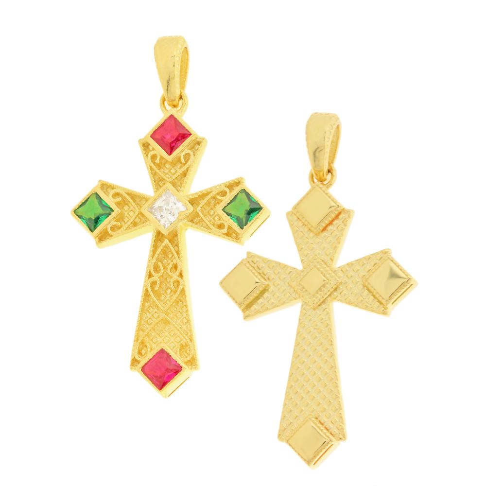 CROSS Byzantine Double Sided SENZIO Collection K14 Yellow Gold with Zircon Stones 5KR.DM1081CR