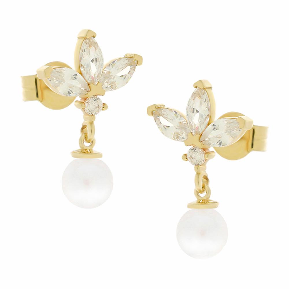 EARRINGS Full Stones SENZIO Collection Yellow Gold K14 with Zircon Stones and Pearls 5MAK.9389OR