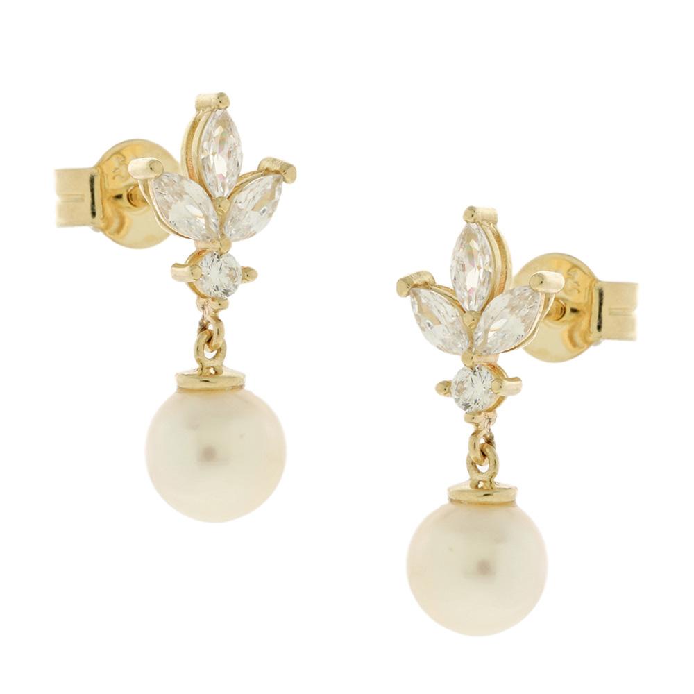 EARRINGS Full Stones SENZIO Collection Yellow Gold K14 with Zircon Stones and Pearls 5MAK.9387OR