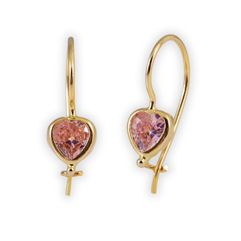 EARRINGS Dangling Hearts Yellow Gold K14 with Pink Zircon Stones 5RAZ.009OR.P