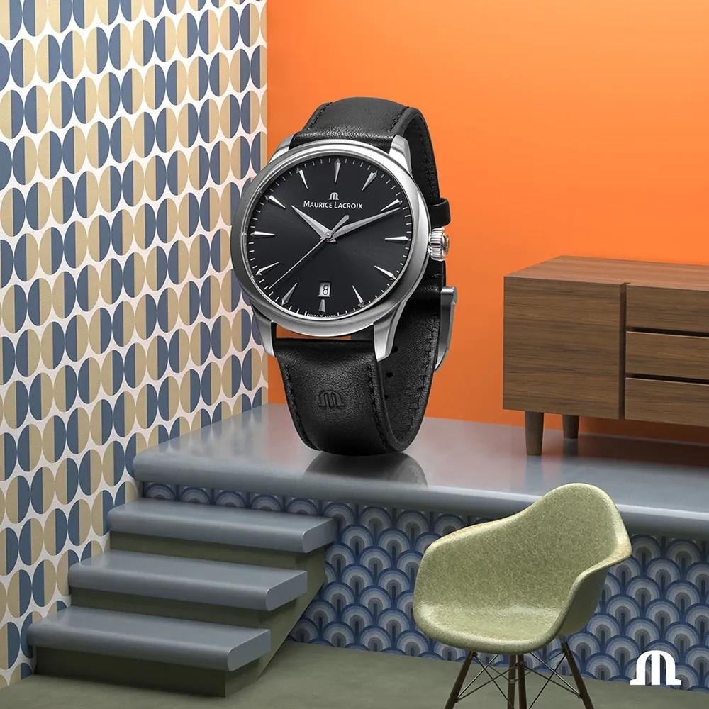MAURICE LACROIX 1975 Quartz Black Dial 39mm Silver Stainless Steel Black Leather Strap 751007-SS001-330-2