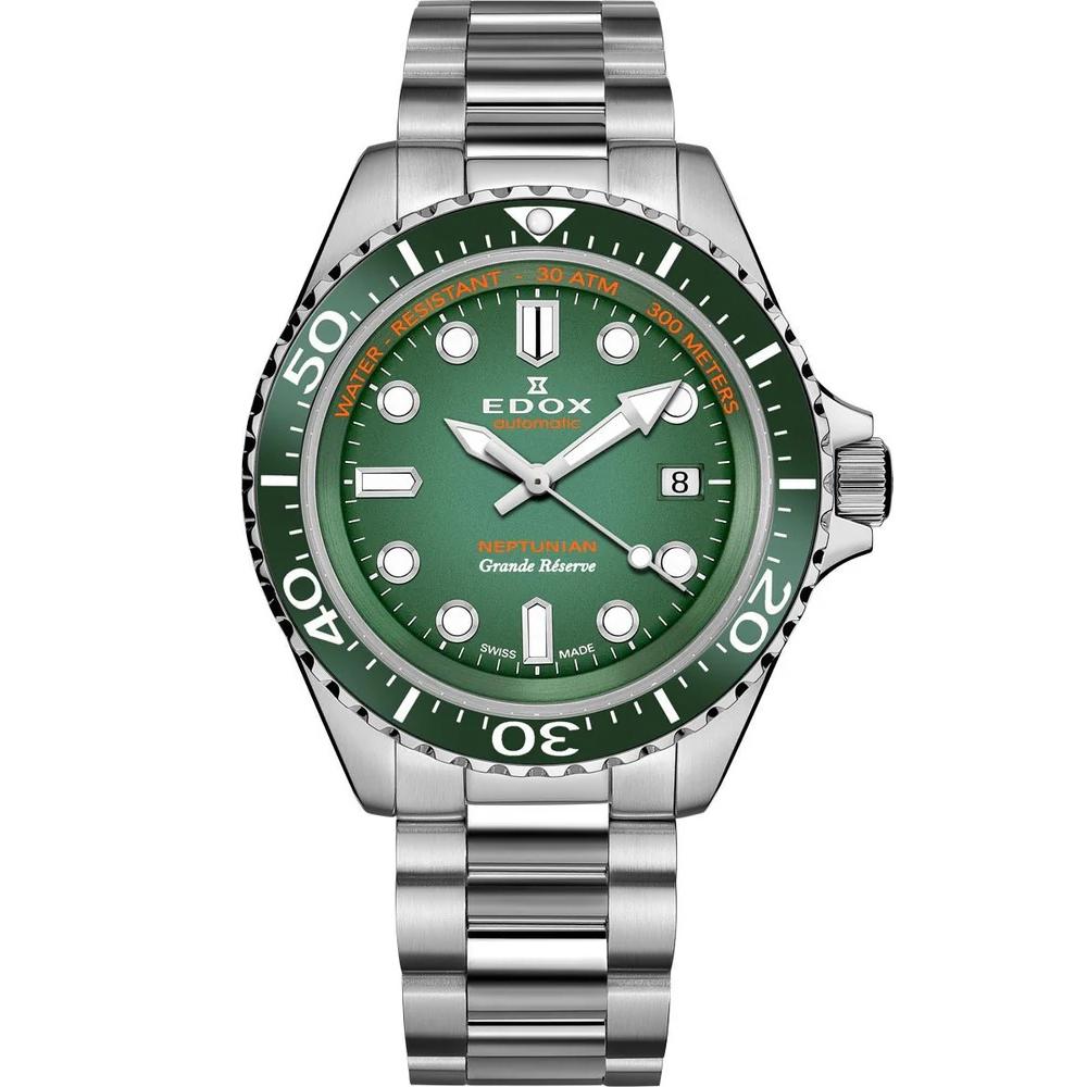 EDOX Neptunian Grande Reserve Diver Green Dial 42mm Silver Stainless Steel Bracelet 80801-3VM-VDN