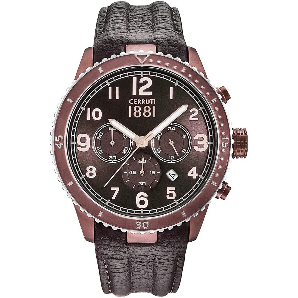 CERRUTI 1881 Voltera Chronograph 46mm Rose Gold Stainless Steel Brown Leather Strap CRA104SBR12BR