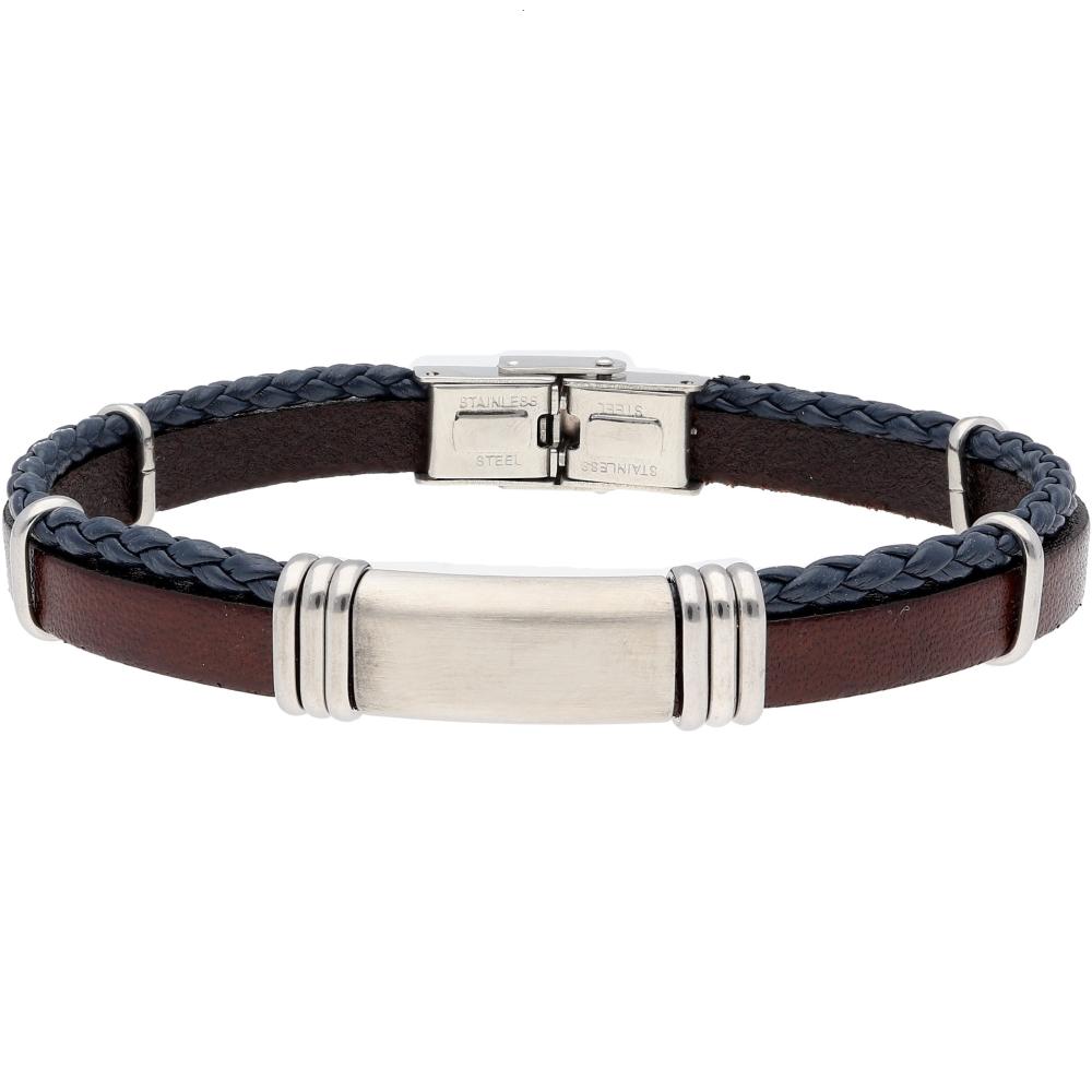 LISKA Leather Collection Men's Bracelet in Brown and  Blue Leather and Silver Stainless Steel 84BA1056