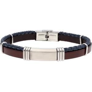 LISKA Leather Collection Men's Bracelet in Brown and  Blue Leather and Silver Stainless Steel 84BA1056 - 55129