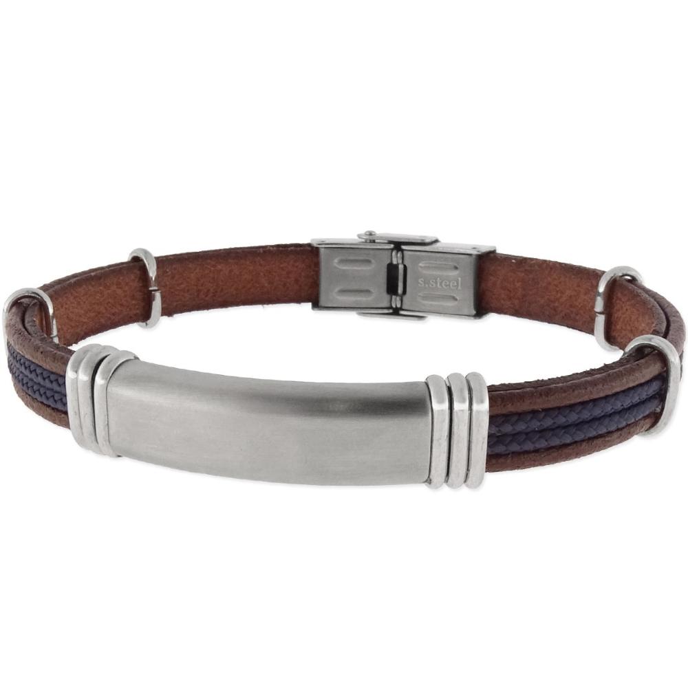 LISKA Leather Collection Men's Bracelet in Silver Stainless Steel with Brown and  Blue Leather 84BA1230-M