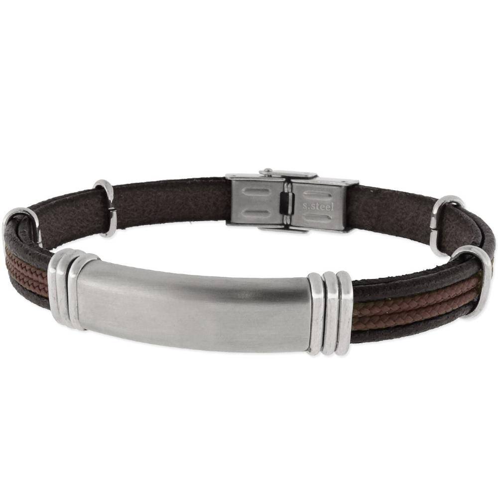 LISKA Leather Collection Men's Bracelet in Silver Stainless Steel with Brown and Black Leather 84BA1230-N