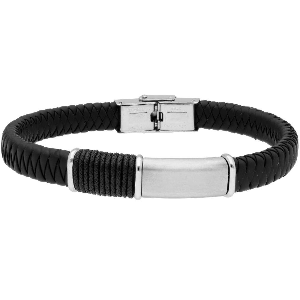 LISKA Leather Collection Men's Bracelet in Black Leather and Silver Stainless Steel  84BA1509