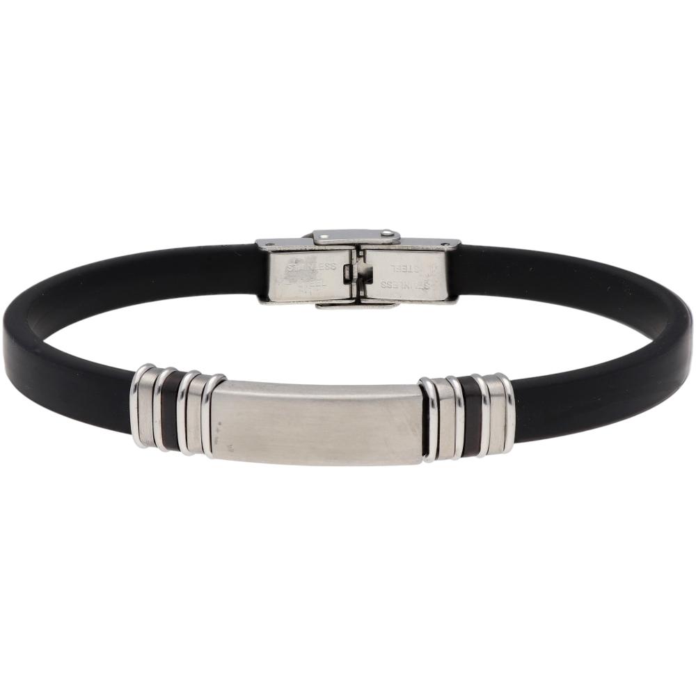 LISKA Leather Collection Men's Bracelet in Black Leather and Silver Stainless Steel  84BA712