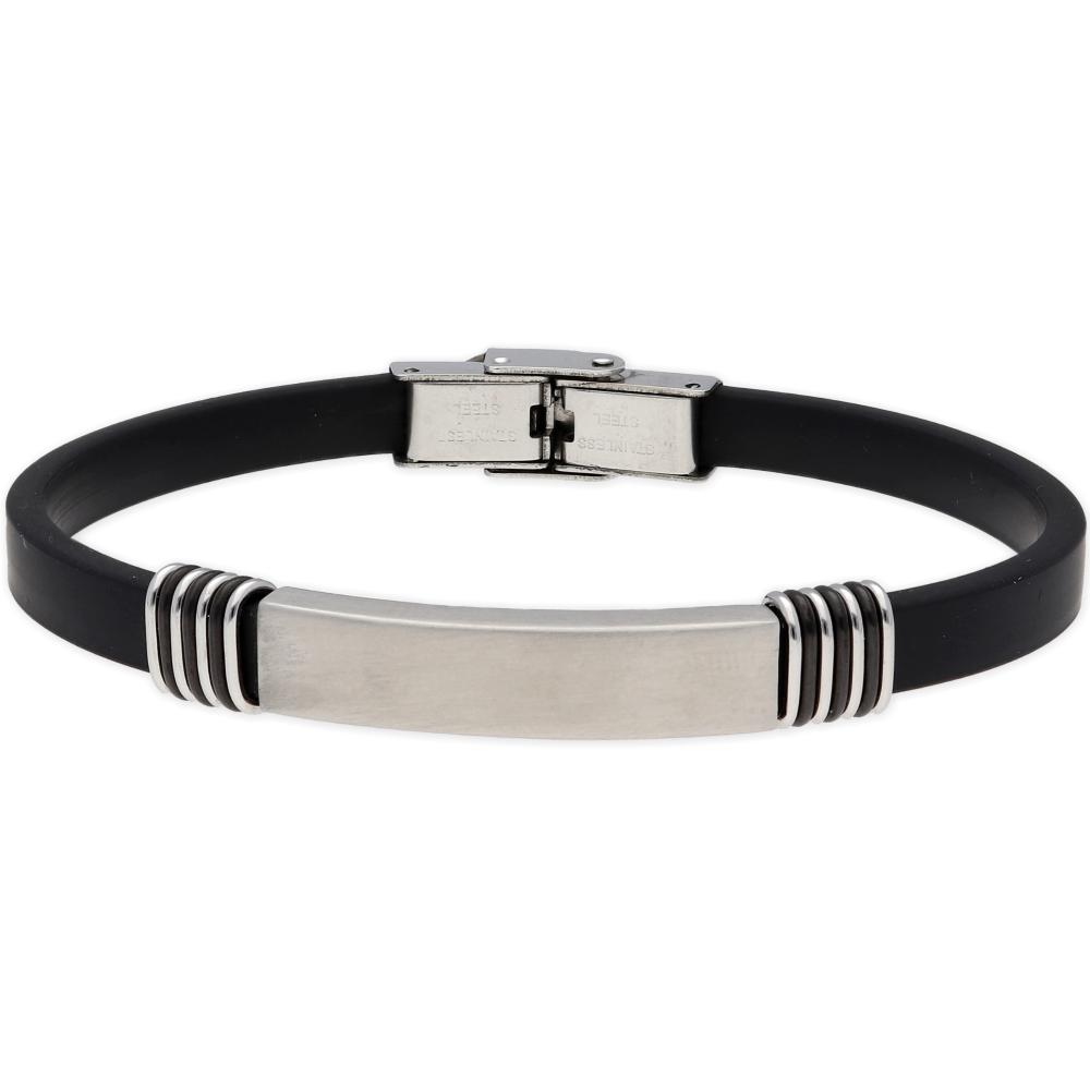 LISKA Leather Collection Men's Bracelet in Black Leather and Silver Stainless Steel 84BA713