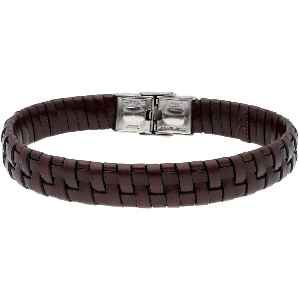 LISKA Leather Collection Men's Bracelet in Brown Leather and Silver Stainless Steel 84BA802-M