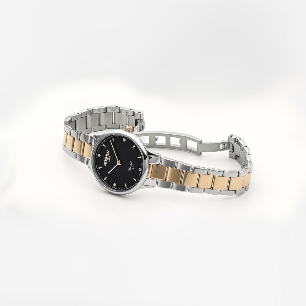 ROAMER Eternal Black Dial With Diamonds 30mm Two Tone Gold Stainless Steel Bracelet 863857-47-55-50