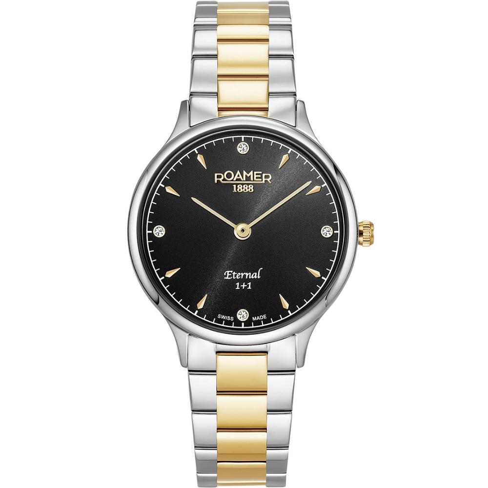 ROAMER Eternal Black Dial With Diamonds 30mm Two Tone Gold Stainless Steel Bracelet 863857-47-55-50