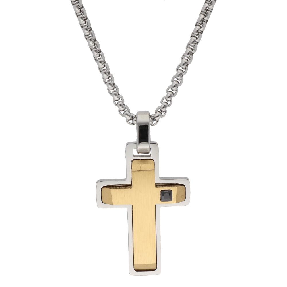 CROSS with Chain Men's LISKA Montecarlo from Silver and Gold-Plated Stainless Steel with Zircon Stones 86CD326-D