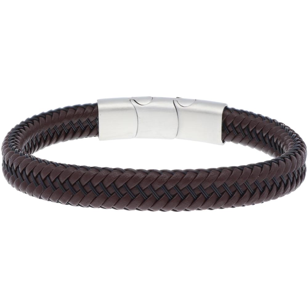 LISKA Leather Collection Men's Bracelet in Brown Leather and Silver Stainless Steel 87BR006