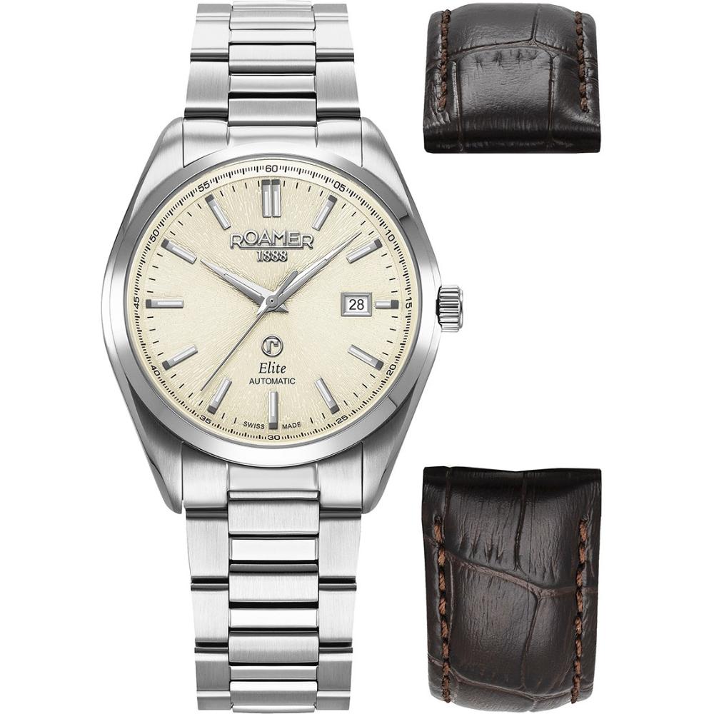 ROAMER Elite Automatic Beige Dial 42mm Silver Stainless Steel Bracelet Box Set with Brown Leather Strap 970983-41-05-20