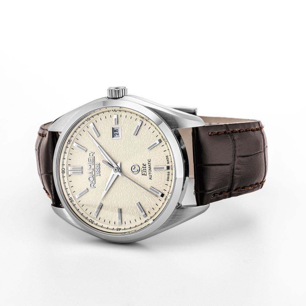 ROAMER Elite Automatic Beige Dial 42mm Silver Stainless Steel Bracelet Box Set with Brown Leather Strap 970983-41-05-20