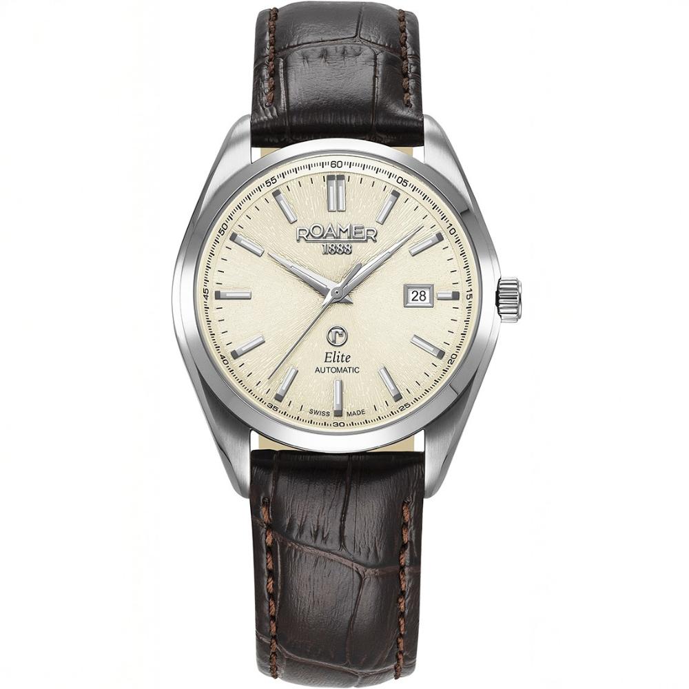 ROAMER Elite Automatic Beige Dial 42mm Silver Stainless Steel Bracelet Box Set with Brown Leather Strap 970983-41-05-20