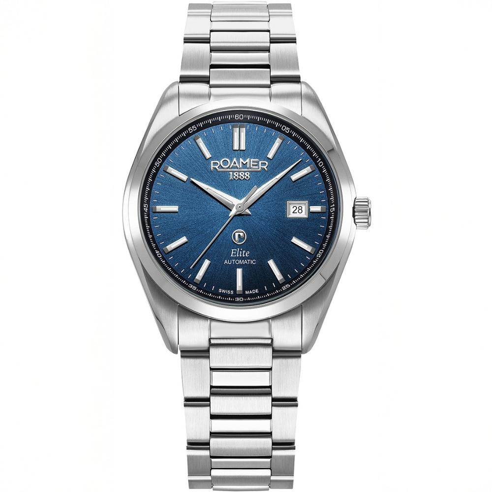 ROAMER Elite Automatic Blue Dial 42mm Silver Stainless Steel Bracelet Box Set with Black Leather Strap 970983-41-45-20