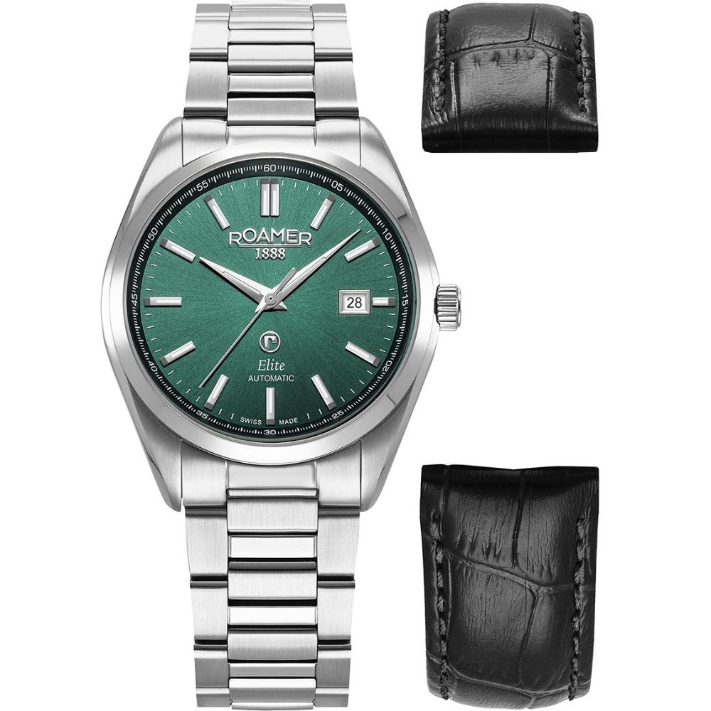 ROAMER Elite Automatic Green Dial 42mm Silver Stainless Steel Bracelet Box Set with Black Leather Strap 970983-41-75-20