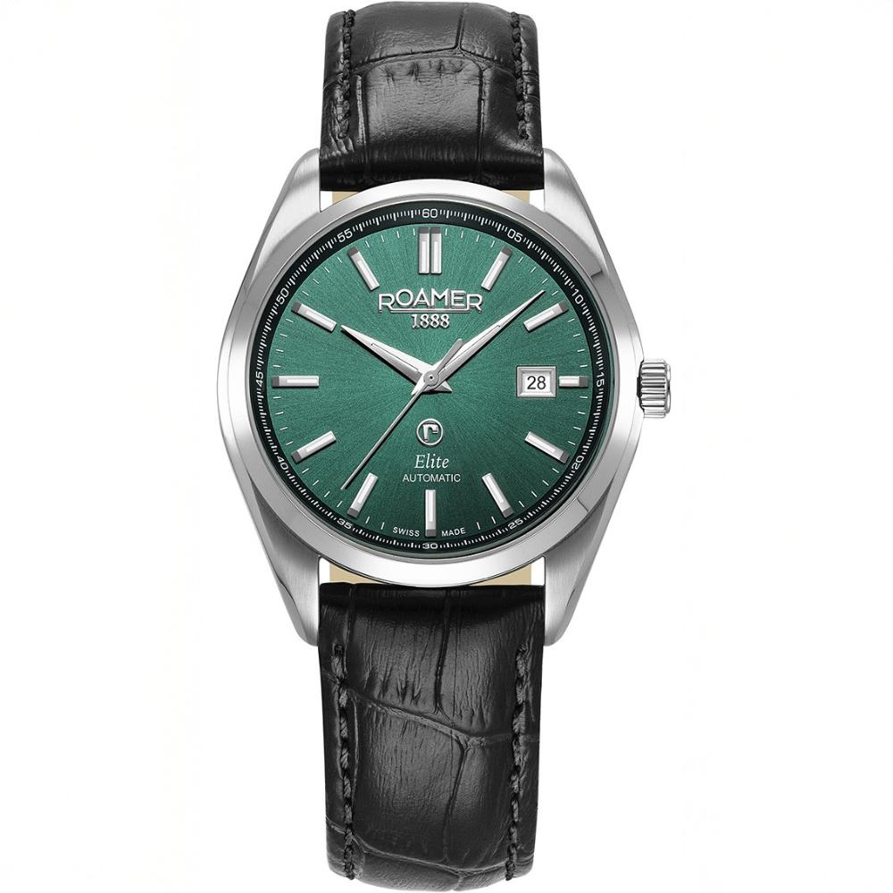 ROAMER Elite Automatic Green Dial 42mm Silver Stainless Steel Bracelet Box Set with Black Leather Strap 970983-41-75-20