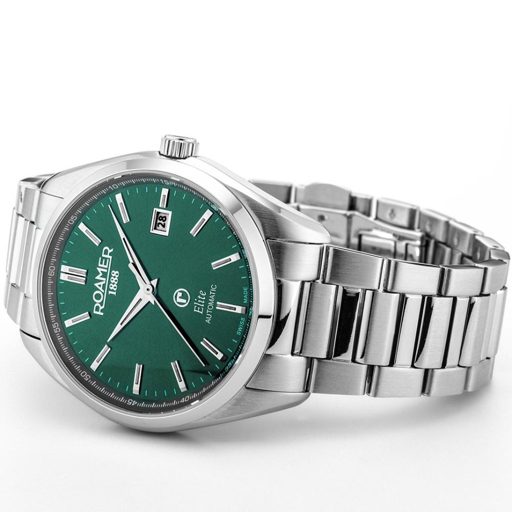 ROAMER Elite Automatic Green Dial 42mm Silver Stainless Steel Bracelet Box Set with Black Leather Strap 970983-41-75-20