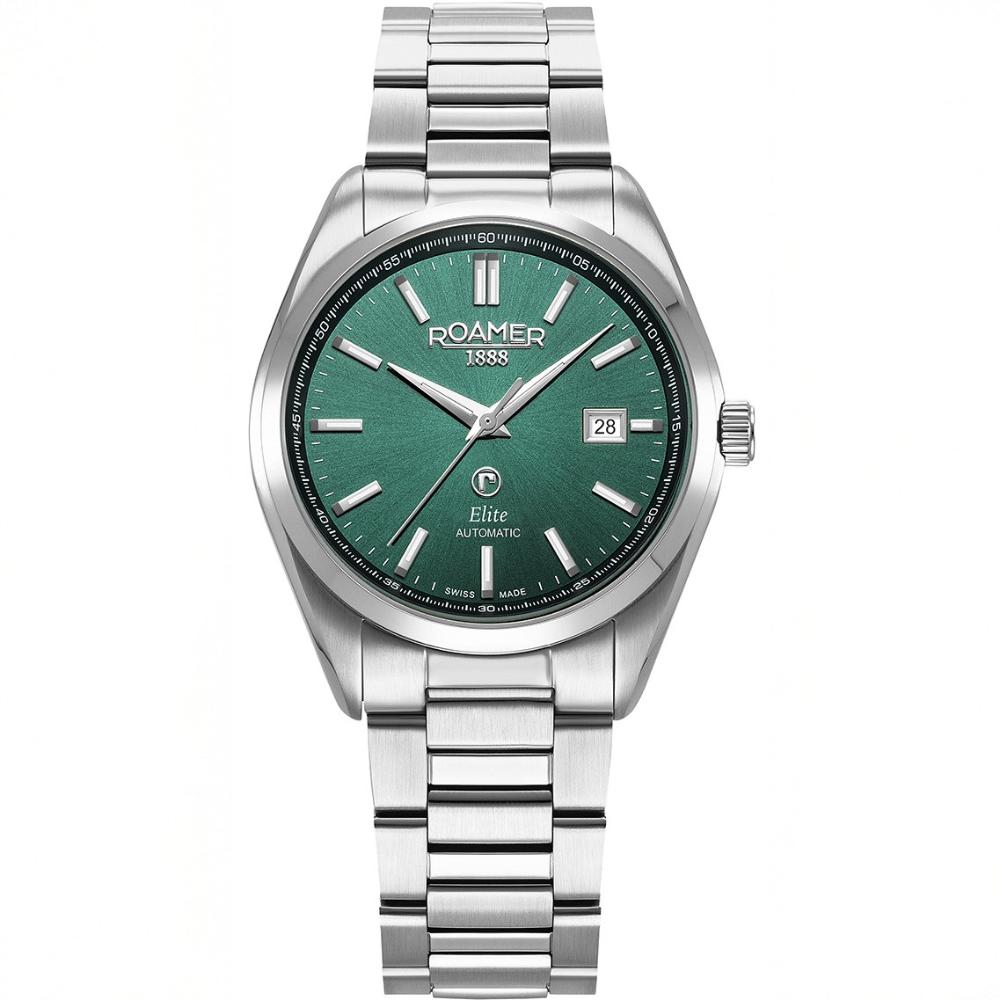 ROAMER Elite Automatic Green Dial 42mm Silver Stainless Steel Bracelet Box Set with Black Leather Strap 970983-41-75-20