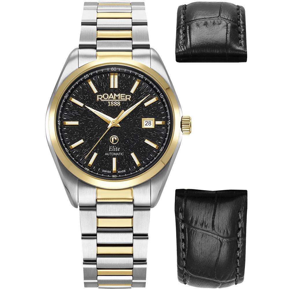 ROAMER Elite Automatic Black Dial 42mm Two Tone Gold Stainless Steel Bracelet Box Set with Black Leather Strap 970983-47-85-20