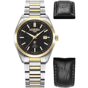 ROAMER Elite Automatic Black Dial 42mm Two Tone Gold Stainless Steel Bracelet Box Set with Black Leather Strap 970983-47-85-20 - 60490