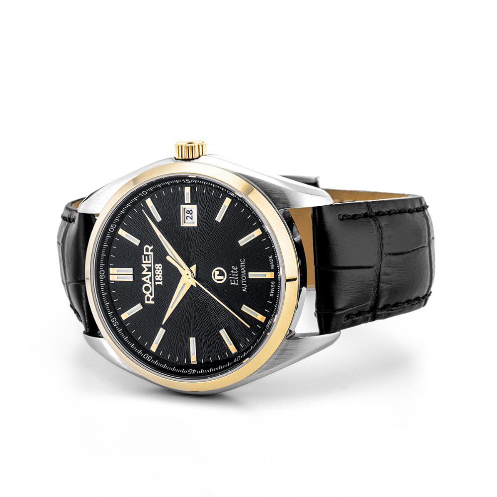 ROAMER Elite Automatic Black Dial 42mm Two Tone Gold Stainless Steel Bracelet Box Set with Black Leather Strap 970983-47-85-20
