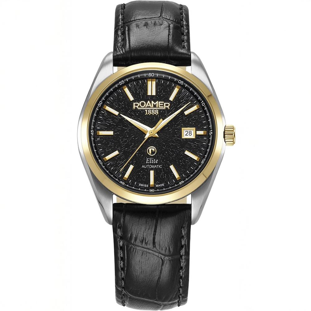ROAMER Elite Automatic Black Dial 42mm Two Tone Gold Stainless Steel Bracelet Box Set with Black Leather Strap 970983-47-85-20