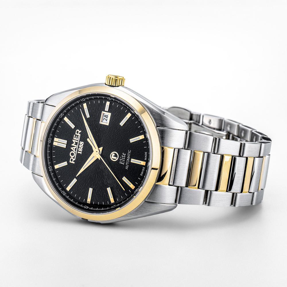 ROAMER Elite Automatic Black Dial 42mm Two Tone Gold Stainless Steel Bracelet Box Set with Black Leather Strap 970983-47-85-20