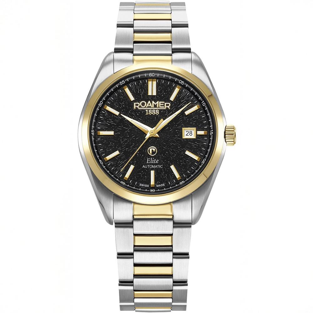 ROAMER Elite Automatic Black Dial 42mm Two Tone Gold Stainless Steel Bracelet Box Set with Black Leather Strap 970983-47-85-20